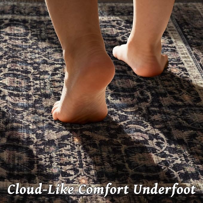 Washable 9x12 Area Rugs for Living Room, Boho Non-Slip Vintage Distress Lager Rugs for Bedroom Dining Room Nursery Office, 0.3" Neutral Oriental Throw Thin Carpet, Black/Brown/Blue/Multi