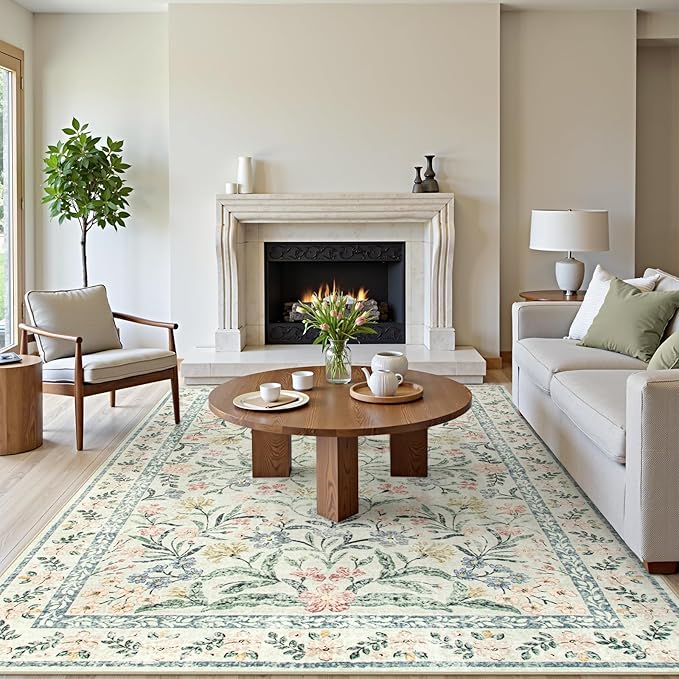 Wonnitar Large Rugs for Living Room, Soft Washable Floral 9x12 Area Rug for Bedroom, Boho Non-Shedding Foldable Carpet for Kids Playroom Apartment Home Decor