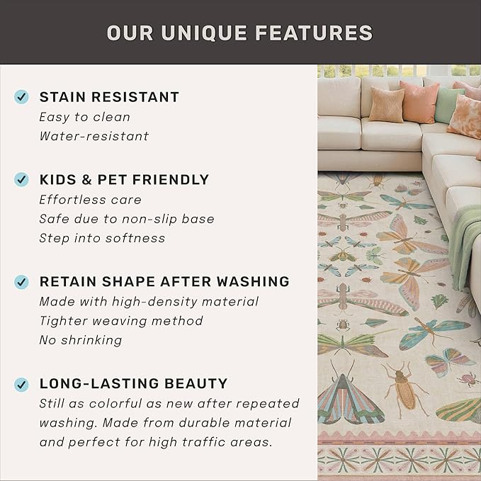 Insect Pink and Blue 5ft Round Area Rug for Living Room - Washable Floral Fun Boho Rugs for Playroom, Girls Bedroom Décor with Butterfly Pattern - Low Pile Soft Circle Carpet