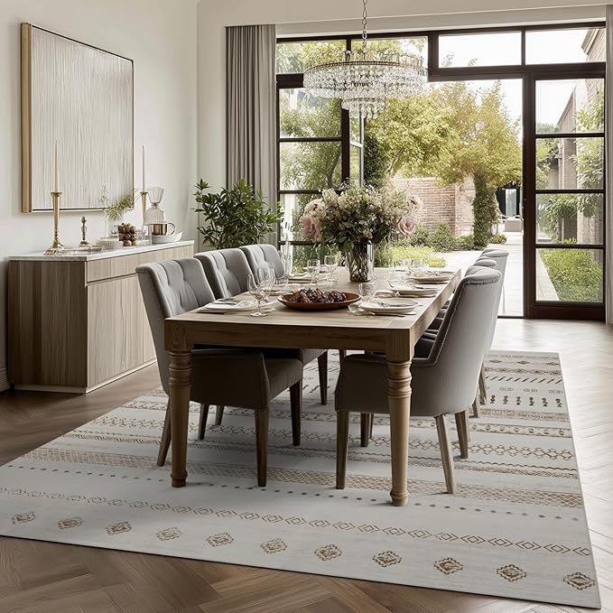 Washable Area Rugs 8x10, Large Rugs for Living Room, Carpet for Bedroom, Boho Soft Faux Wool Retro Dining Room Rug, Non-Slip Backing Resistant Low Pile Vintage Print Rug for Home Office(Beige)