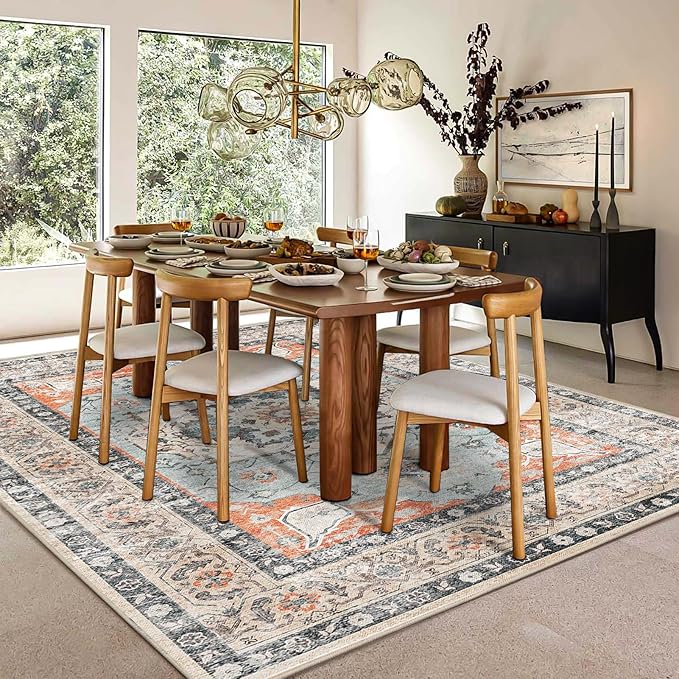 VK VK·LIVING Machine Washable Rug 6'x9' Vintage Design Washable Area Rugs with Non Slip Rugs for Living Room Bedroom Traditional Woven Carpet Stain Resistant, Dining Office Boho Rug (Brick)