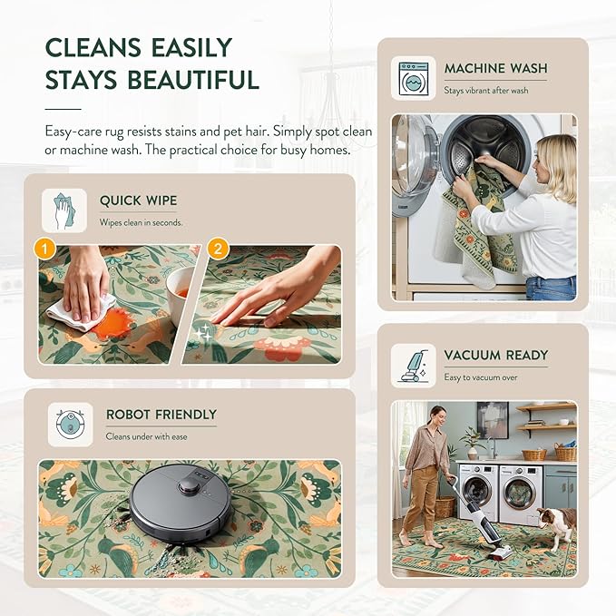 Moynesa Green Washable 8x10 Area Rugs for Living Room Bedroom Dining Room, Modern Farmhouse Country Floral Bird Print Pattern Medallion Carpet, Aesthetic Home Decorations Open Floor Areas Protection