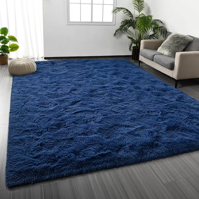 Large Shag Area Rugs 9 x 12, Plush Fuzzy Rugs for Living Room, Ultra Soft Fluffy Furry Rug for Bedroom, Indoor Carpet Nursery Rugs for Kids Room Home Decor, Navy Blue