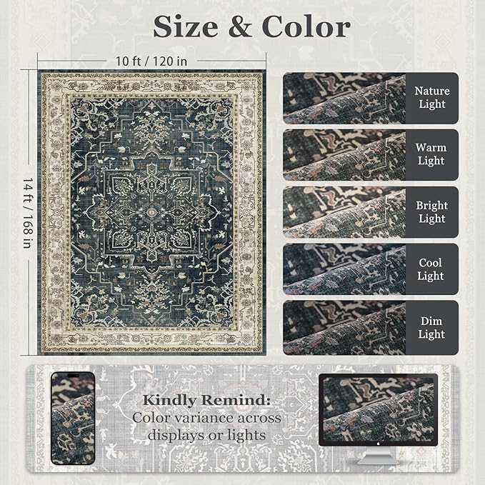 Dark Large 10x14 Area Rugs, Washable Non Slip Big Rug for Living Room Bedroom, Distressed Medallion Vintage Big Carpet Rugs for Dinig Room Family Rooms, Low Pile Thin, Midnight/Multi