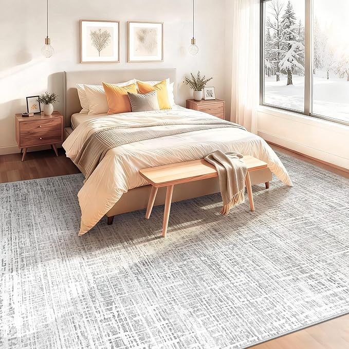 9x12 Area Rugs for Living Room, Washable Large Area Rug Neutral Modern Abstract Bedroom Rug Soft Non Slip Low Pile Stain Resistant Indoor Carpet for Kids Playroom Dining Room Office(Grey, 9'x12')