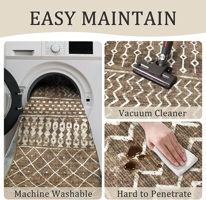 4x6 Machine Washable Area Rug for Living Room, Brown Vintage Moroccan Rug Large Non-Slip Low Pile Soft Faux Wool Carpet, Kids and Pets Friendly for Bedroom Dining Room Farmhouse Home Decor Rug