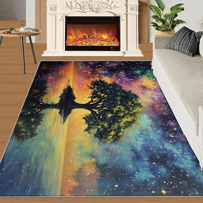 8x10 Tree of Life Rugs for Living Room - Galaxy Tree Large Area Rug, Dreamlike Starry Sky Modern Boy Nursery Rug Soft Washable for Classroom Office Bedroom Kids Room