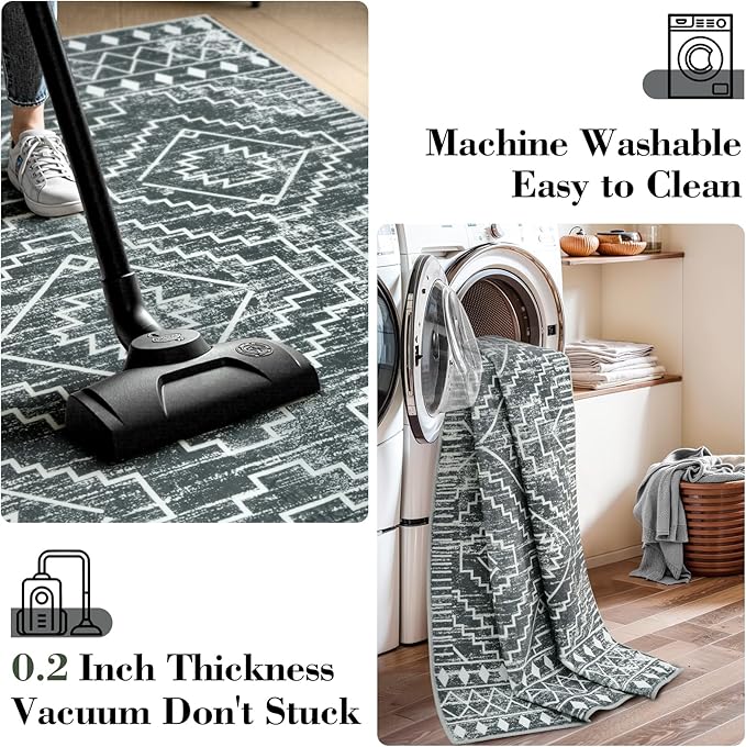 Wonnitar Moroccan 8x10 Area Rugs for Living Room, Washable Large Grey Rug for Bedroom, Non-Slip Soft Thin Stain Resistant Boho Tribal Floor Carpet for Dining Guest Room Office (Dark Grey,8'x10')