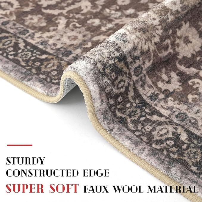 Vintage Entryway Rug 2x3 Washable, Mocha Brown Kitchen Rug, Super Soft Thin Faux Wool Small Area Rug, Non-Slip Accent Mat for Foyer, Bedroom, Office