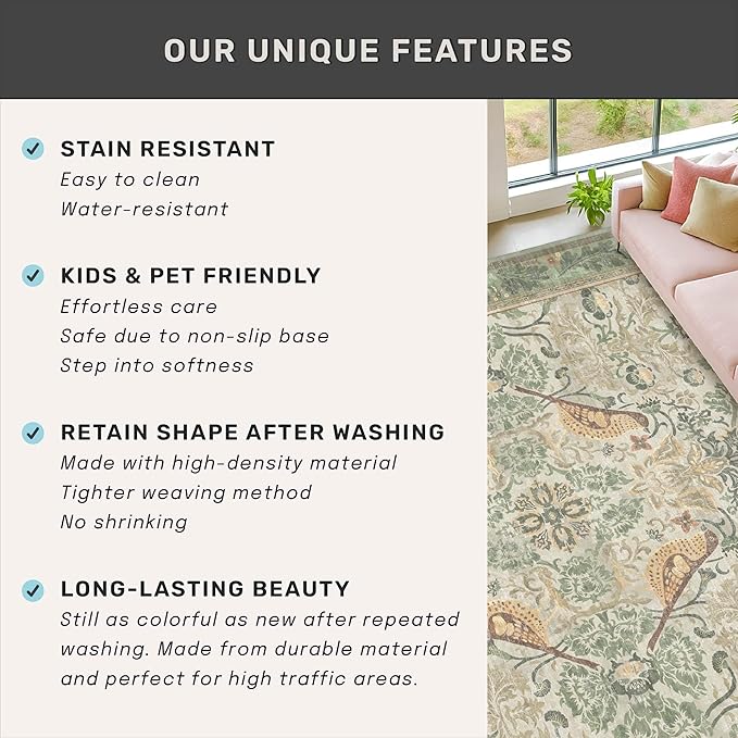 Boho Large Entryway Rugs Indoor - Sage Green 3x5 Washable Rugs for Kitchen Bedroom Beside Bed Laundry Room Door Mat Indoor Entrance with Light Green Woodland Flowers, Non Slip Stain Resistant Low Pile