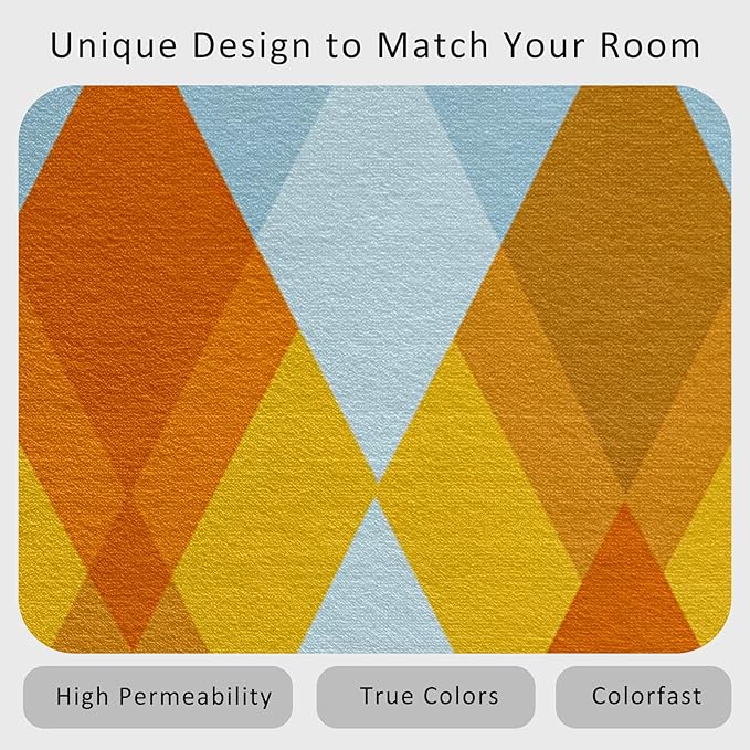 Washable 4x6 Diamond Rug Living Room, Geometric Orange and Blue Plaid Design Area Rugs for Bedroom, Diamond Home Decor Carpet, Low Pile, Non Slip, Kids & Pet Friendly (N4139)