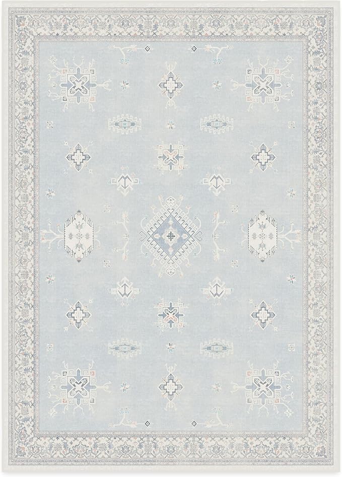 RUGGABLE Washable Vintage Area Rug – Verena Soft Blue 10x14, Stain-Resistant, Non-Slip – Large Machine Washable Rugs for Living Room, Bedroom, Hallway, Entryway & Office–with Cushioned Pad