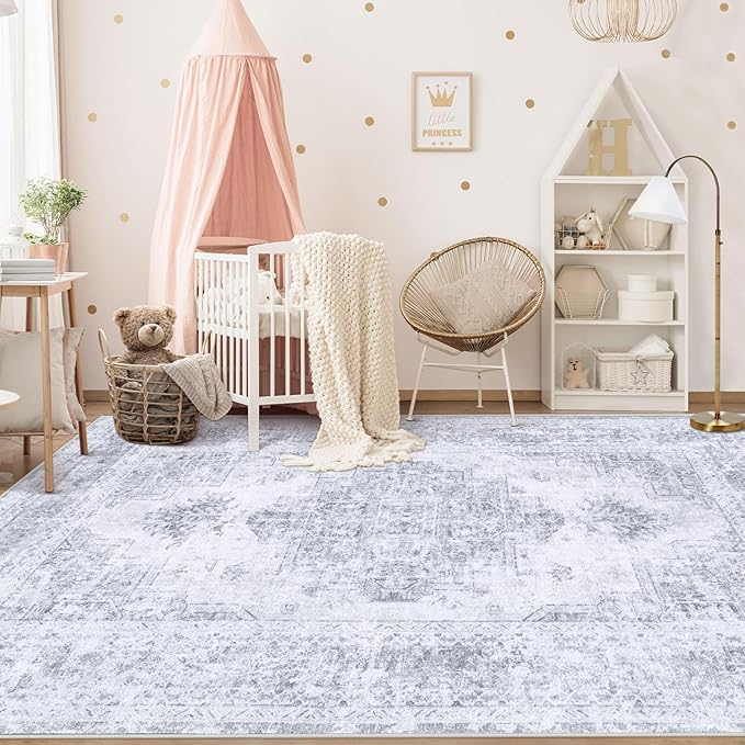 Area Rug 5x7 Living Room Rug, Machine Washable Vintage Distressed Medallion Rug Non-Slip Soft Low Pile Large Indoor Rugs for Bedroom Kitchen Dining Room Office(LightGrey,5'x7')