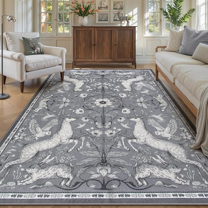 Lahome Boho Animal 6x9 Washable Living Room Area Rugs, Grey Soft Rugs for Bedroom, Botanical Large Boho Non Slip Dining Room Carpet for Under Table Office Kids Playroom (6x9ft,Grey)