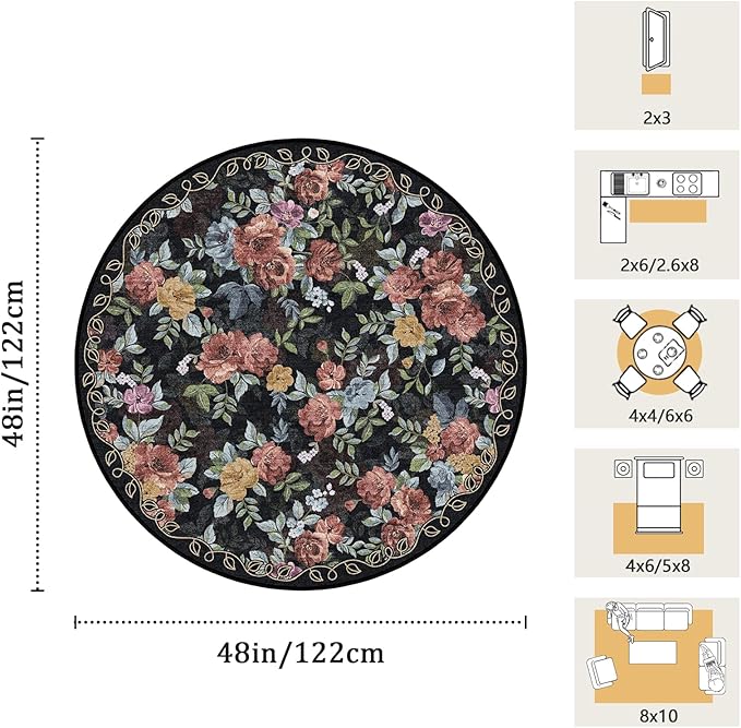 4ft Round Machine Washable Area Rug for Living Room, Black Vintage Boho Floral Rug Large Non-Slip Low Pile Soft Faux Wool Carpet, Kids and Pets Friendly for Bedroom Nursery Farmhouse Home Decor Rug