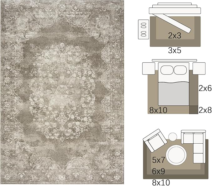 jinchan Washable Area Rug 8x10 for Living Room - Soft Faux Wool Ultra-Thin Stain Resistant Non-Slip Distressed Vintage Floral Large Carpet for Bedroom, Dining Room, Home Office, Nursery(Brown, 8'x10')