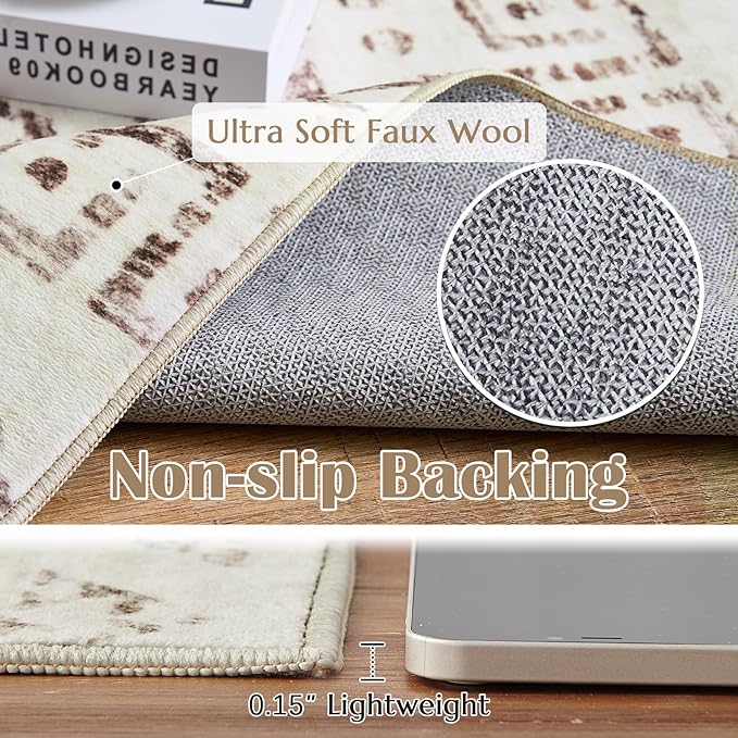 jinchan Boho 4x6 Neutral Area Rugs - Machine Washable Moroccan Soft Throw Rug Bohemian Diamond Design Non-Slip Carpet for Bedroom Entryway Living Room Kitchen Dining Room (4‘x6', Mocha)