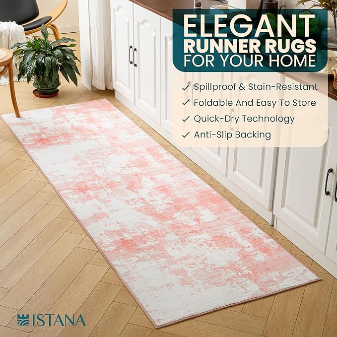 Istana Hallway Runner Rug 2.5x8 - Pink Kitchen Rugs Non Slip Washable -Silk's Soft Touch Carpet Runner - Stylish Rugs for Home