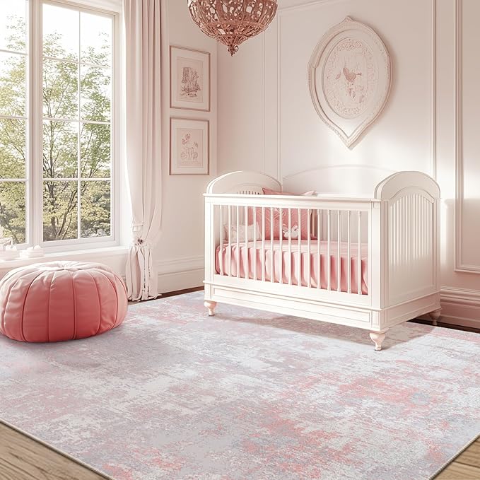 Washable Area Rugs 6'x8' Non-Slip Modern Abstract Soft for Living Room Entryway Bedroom Nursery, Print Pattern, Grey Pink