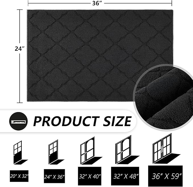 Timo Indoor Door Mat, Front Door Rug 24"x36" Rubber Backing Non Slip Absorbent Door Mats, Resist Dirt Entrance Doormat Inside Floor Mats for Entryway, Machine Washable Low-Profile Doormat, Black