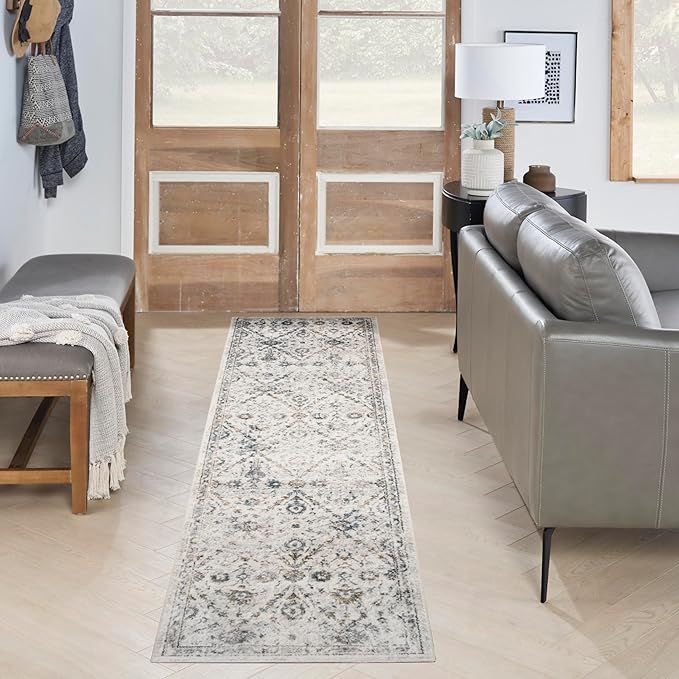Nourison Home Astra Machine Washable Ivory Blue 2'2" x 8' Area Rug - Easy Clean, Non Shedding, Bed Room, Living Room, Dining Room, Kitchen (8' Runner)