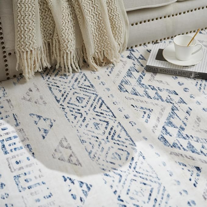 jinchan Boho 2x3 Rugs for Entryway - Machine Washable Doormat Moroccan Soft Throw Rug Bohemian Diamond Non-Slip Carpet for Entrance Kitchen Laundry Room Bedroom (2‘x3', Blue)