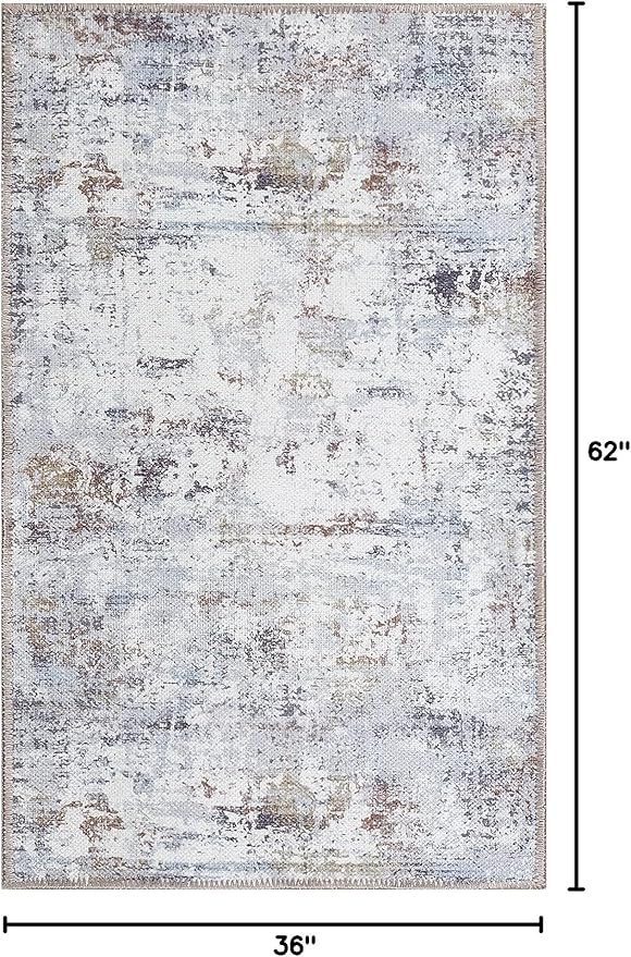 GLN Rugs Contemporary Collection - Machine Washable Area Rug, Contemporary Washable, Non Slip, Low Pile Chenille Rug, Living Room, Bedroom, Kitchen Rug (3' x 5' White/Grey/Blue/Brown)