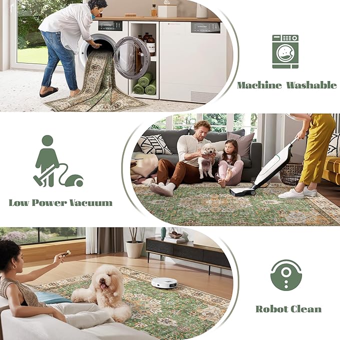 Area Rug 9x12 Washable Rug, Vintage Boho Medallion Rugs Non-Slip Soft Low Pile Large Distressed Rug Indoor Retro Carpet for Living Room Bedroom Dining Room Home Office (Vintage Green, 9'x12')