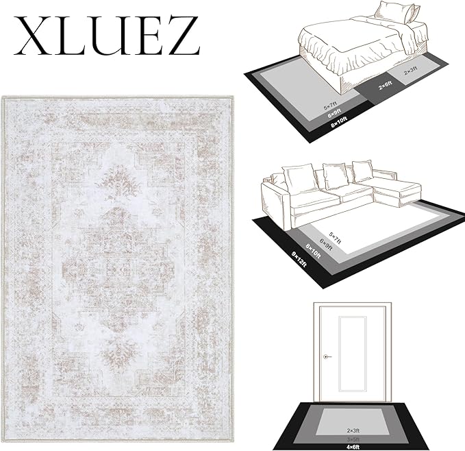 Area Rug 10x12 Living Room Rug, Machine Washable Vintage Distressed Medallion Rug Non-Slip Soft Low Pile Large Indoor Rugs for Bedroom Kitchen Dining Room Office(Beige,10'x12')