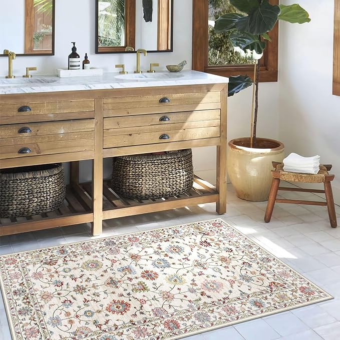 3x5 Washable Area Rug - Small Entryway Rug Non-Slip Cream Colorful Vintage Traditional Floral Kitchen Rugs Low Pile Boho Carpet Throw Rugs for Living Room Bedroom Bathroom Entrance Dorm Office