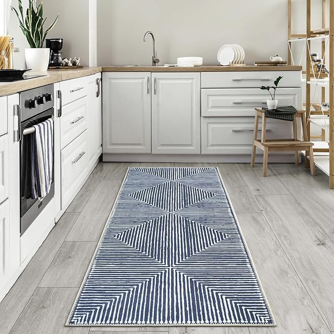 Bloom Rugs Washable Non-Slip 7 ft Runner - Blue Striped Runner for Entryway, Hallway, Bathroom, and Kitchen - Exact Size: 2.5' x 7'