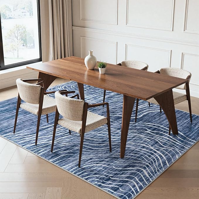 LIVEBOX Modern Abstract 5x7 Area Rugs for Living Room, Navy Blue Washable Rugs for Bedroom, Non-Slip Minimalist Neutral Wave Striped Rugs for Playroom Nursery Boys, Throw Rug Carpet for Dining Room