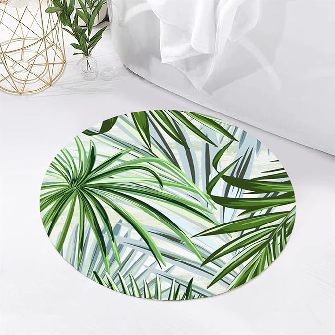 Round Rug 4ft - Pink Tropical Floral with Watercolor Leaves, Non-Slip Low Pile Circle Rug, Bohemian Jungle Turtleback Design for Dining Room Table, Living Room, Bedroom