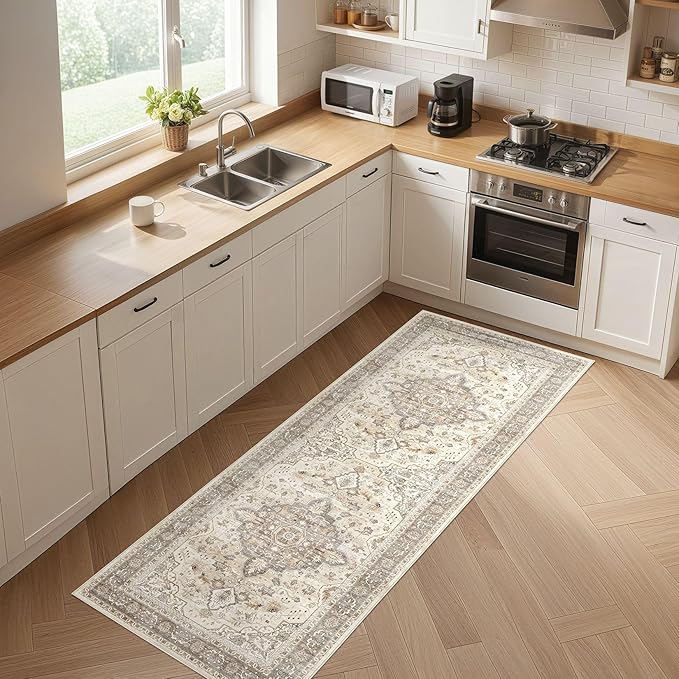Runner Rug Kitchen Washable Rugs: 2x6 Non-Slip Boho Soft Vintage Stain Resistant Indoor Floor Neutral Farmhouse Throw Carpet for Hallway Bathroom Laundry Room Entryway Bedroom- Brown