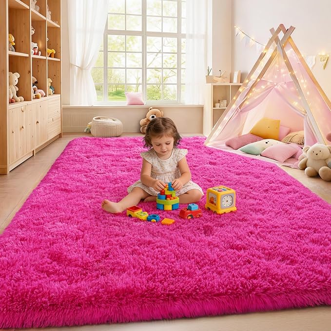 Fluffy Rugs for Living Room, Soft Shaggy for Bedrooms, Hot Pink Area Rug for Bedroom, Cozy Fuzzy Carpet for Kids, Perfect Indoor Decor for Boys and Girls 6x9 Feet