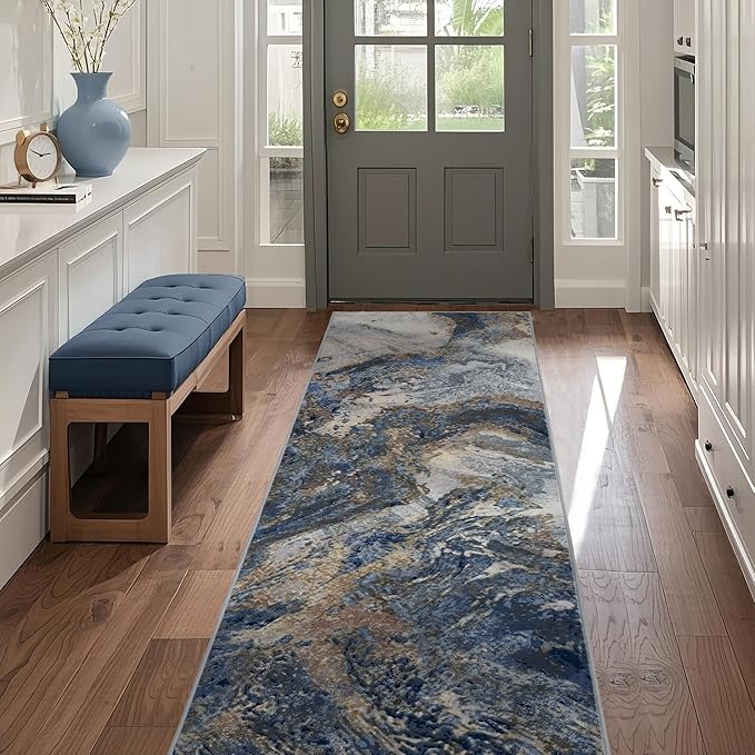 Abstract Washable Runner Rug: Modern 2x10 Hallway Runner for Kitchen Stain Resistant Non Slip - Thin Low Pile for Entryway Indoor - Blue Gold
