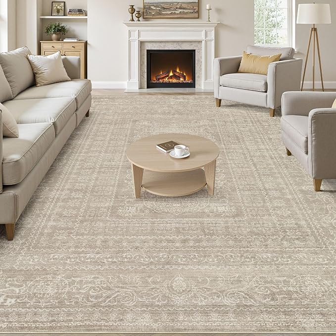 Area Rugs 9x12 Living Room: Washable Large Vintage Rug Neutral Non-Slip Soft Stain Resistant Indoor Carpet for Bedroom Nursery Dining Room Under Table Bed Home House Office Playroom - Brown