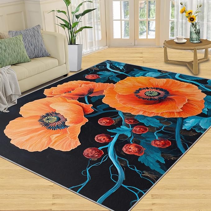 6x8 Poppy Classroom Rugs - Retro Flowers Art Playroom Rug, Rustic Florals Art Carpet Area Rug for Girls Bedroom Kids Room Basement Office Classroom
