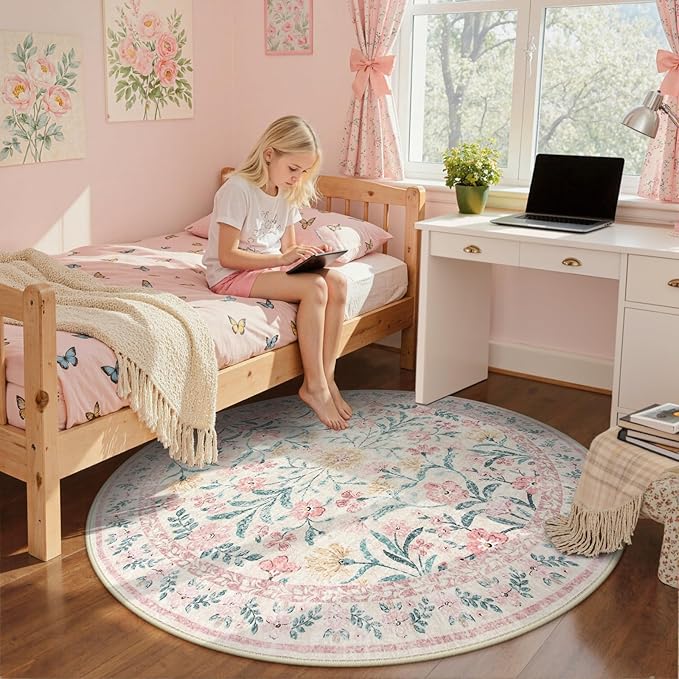 Wonnitar Washable Round Rugs 6ft, Pink Floral Circle Rug Large Round Carpet for Bedroom, Boho Soft Ultra-Thin Circular Carpets for Kids Playroom Living Room Nursery