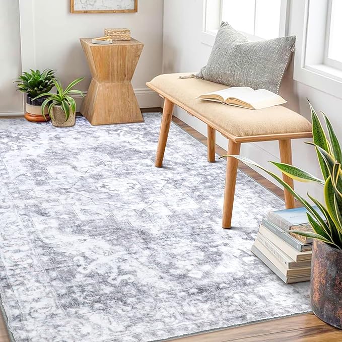 COMSLE 4x6 Rugs for Living Room Washable Area Rugs for Bedroom Faux Wool Distressed Throw Rugs Absorbent Non-Slip Floor Carpet for Indoor Kitchen Laundry Room Gray