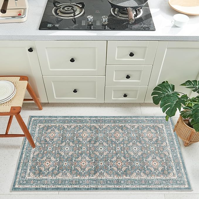 WITSHOCK Washable 2x4 Entryway Area Rug: Soft Non-Slip Backing Washable Rugs Vintage Flower Boho Accent Small Rugs for Bedroom, Kitchen, Bathroom, Nursery Entrance,Teal Blue