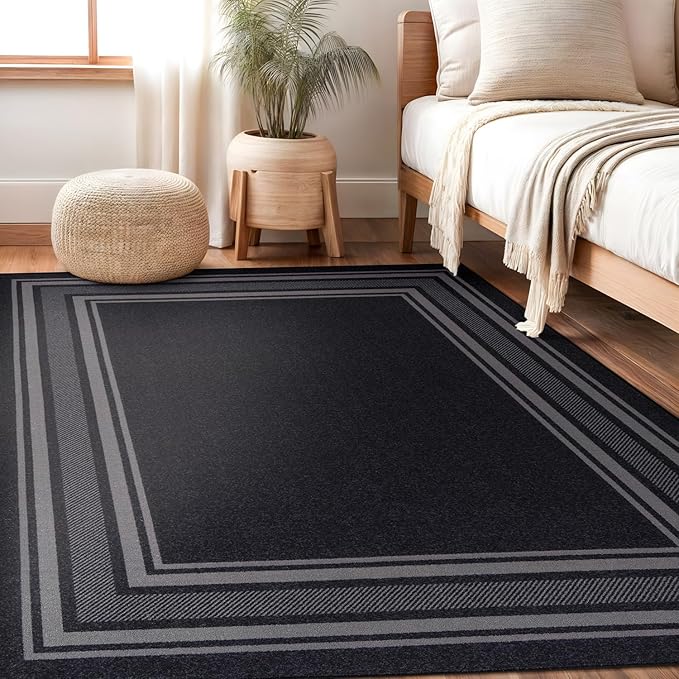Beverly Rug Non Slip Area Rugs 3x5 Modern Bordered Non Skid Rubber Backing Soft Area Rug for Living Dining Room Easy to Clean Non Shedding Kitchen Bedroom Indoor Carpet 3 x 5 Black