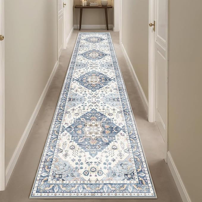 Enkor Runner Rug for Hallway, 2x10 Washable Soft Non Slip Floor Rugs for Kitchen, Modern Mat for Living Room Bedroom Entryway Blue & White