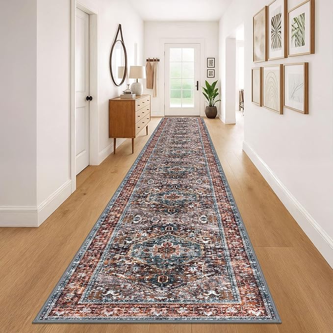 KOZYFLY Area Rug 3x20 Ft Washable Boho Runner Rug for Entryway Hallway Indoor Printed Faux Wool Carpet for Bedroom Kitchen Hall, Brick Red/Orange/Green