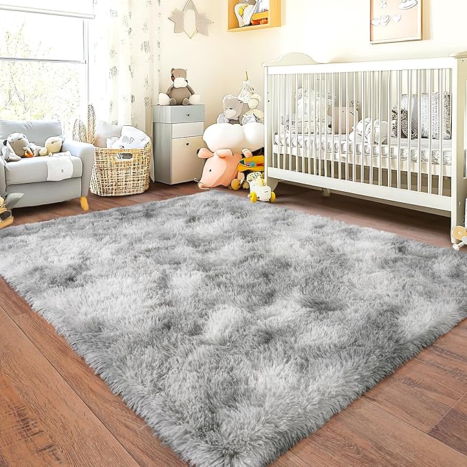 Soft Shaggy Rugs Light Grey Fluffy Rug for Bedroom White Fuzzy Rug Non-Slip Indoor Floor Carpet for Living Room 8x10 Ft
