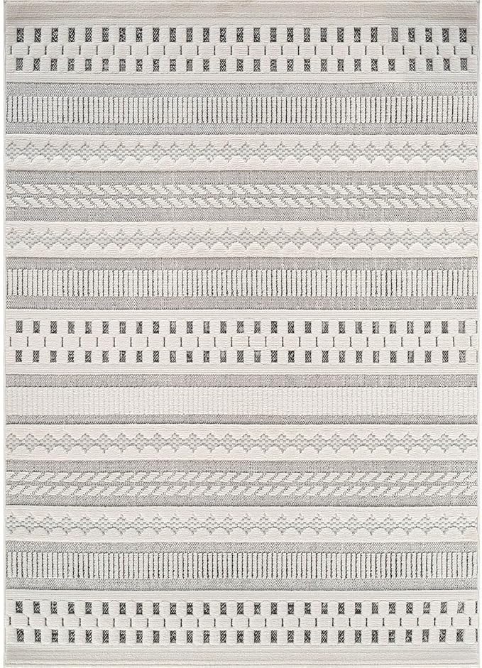 Beverly Rug Micro Loop Area Rug Gray/White 5x7 Geometric Modern Scandinavian Striped Durable Soft Indoor Rugs for Living Dining Room Office Stain Resistant Non Shedding Casual Indoor Carpet 5 x 7