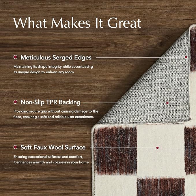 EVERGRACE Checkered Plaid Area Rug 2x8, Soft Fuzzy Faux Wool Rugs Washable Anti Slip Rugs Long Runner Rug Carpet for Entryway Bedroom Living Room Hallway Kitchen Dining Room and Laundry, Dark Brown