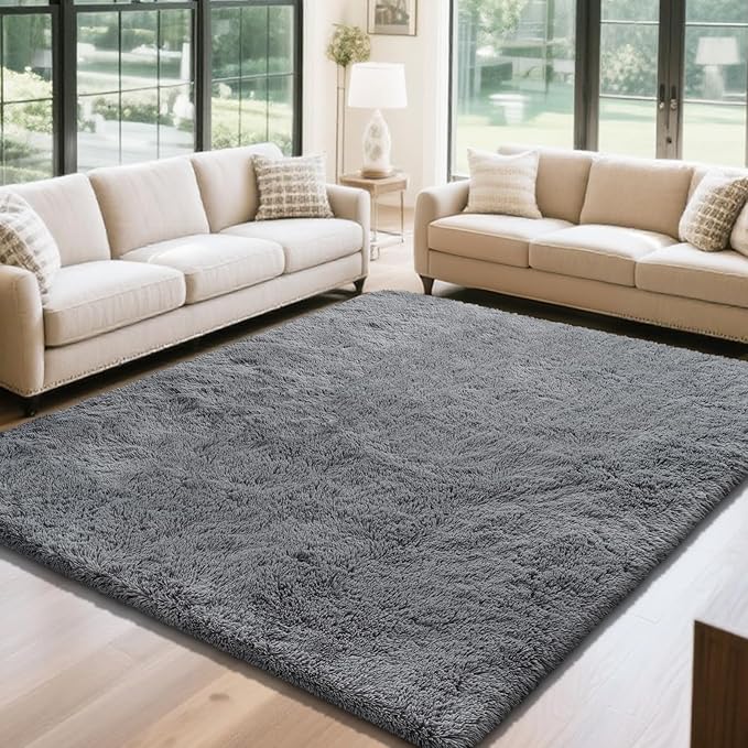 Fluffy Rug Shaggy Area Rug, Dark Grey 6x9 Area Rugs for Living Room, Large Shag Area Rugs for Bedroom Kids Room Home Decor, Upgrade Anti-Skid Rectangular Fuzzy Rugs