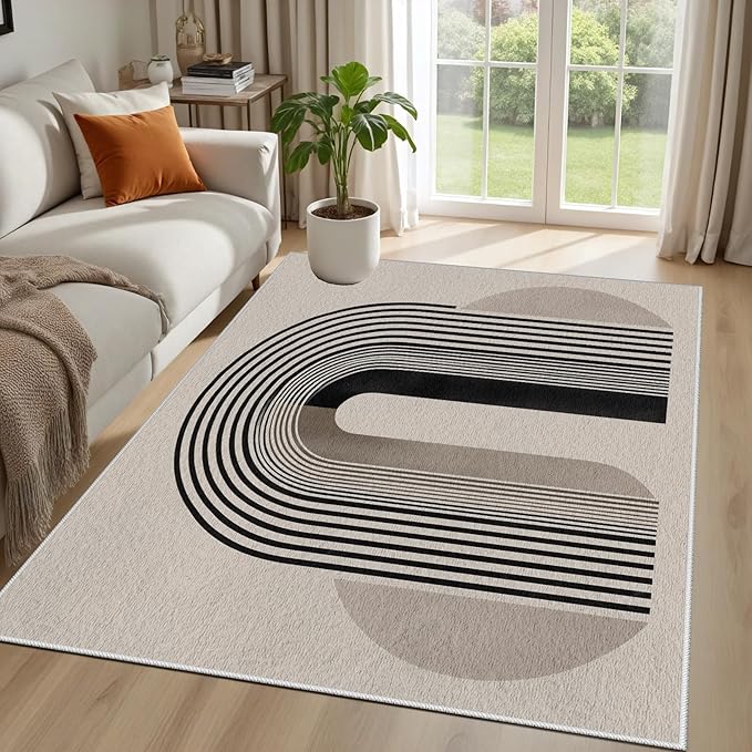 Modern Washable Rug for Living Room 3x5, Boho Abstract Striped Area Rugs, Soft Non Slip Low Pile Farmhouse Carpet for Bedroom Dining Room Kitchen, Stain Resistant, Pet Friendly, Beige Black
