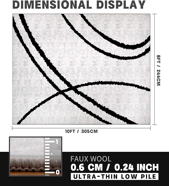 YIHOUSE Modern Area Rugs for Living Room, 8x10 Washable Black and White Rug, Thin Abstract Geometric Striped Rug, Area Rug for Bedroom,Kitchen,Dining Room,Office